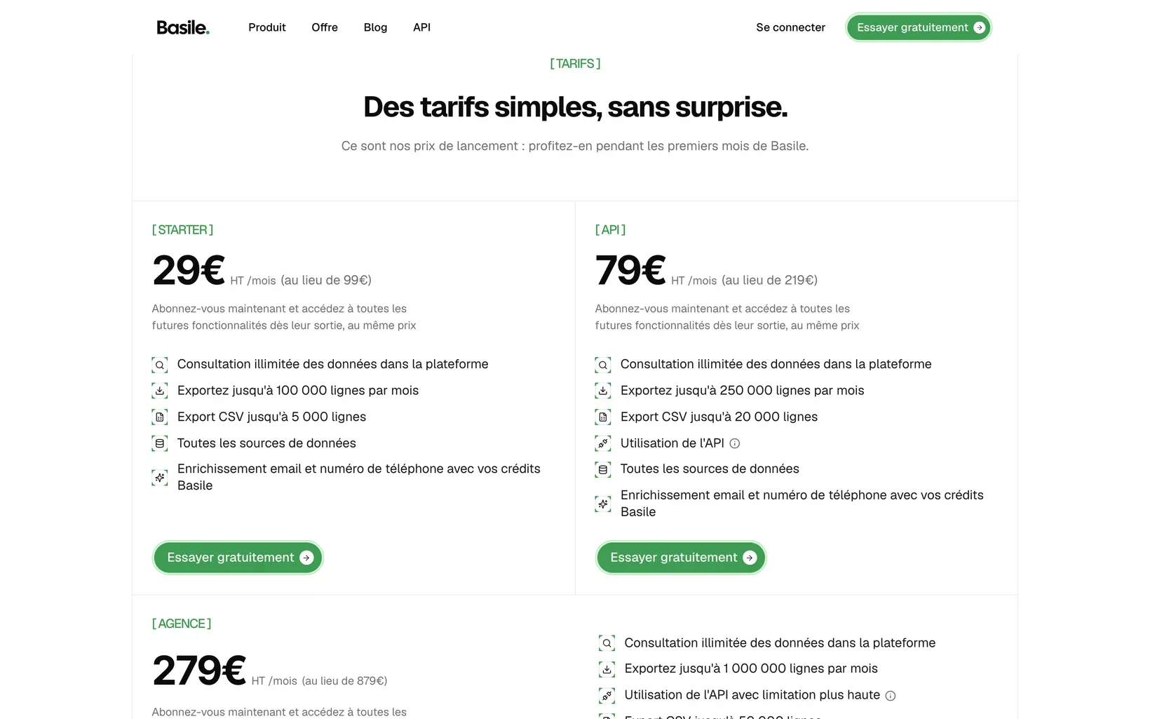 Grille tarifaire de Basile : offres Starter, API et Agence avec leurs prix de lancement HT