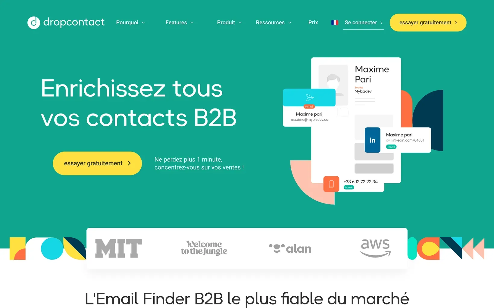 Page d’accueil de Dropcontact, enrichissement et nettoyage de fichiers de contacts B2B