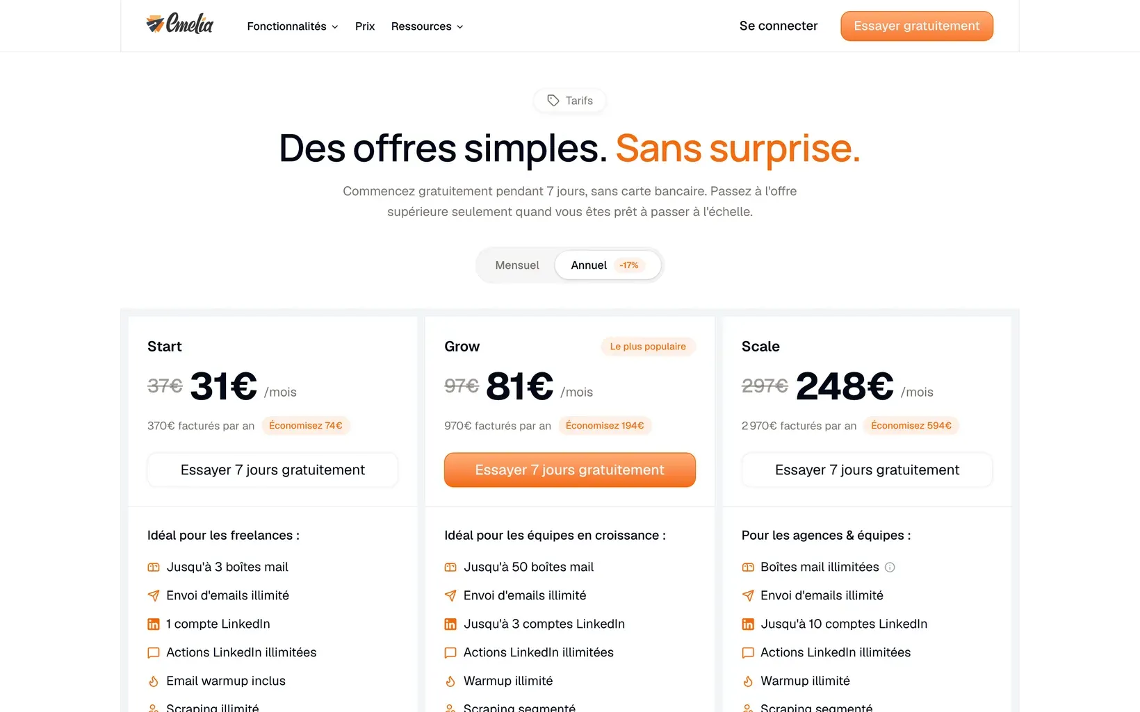 Page tarifs d’Emelia avec les offres Start, Grow et Scale