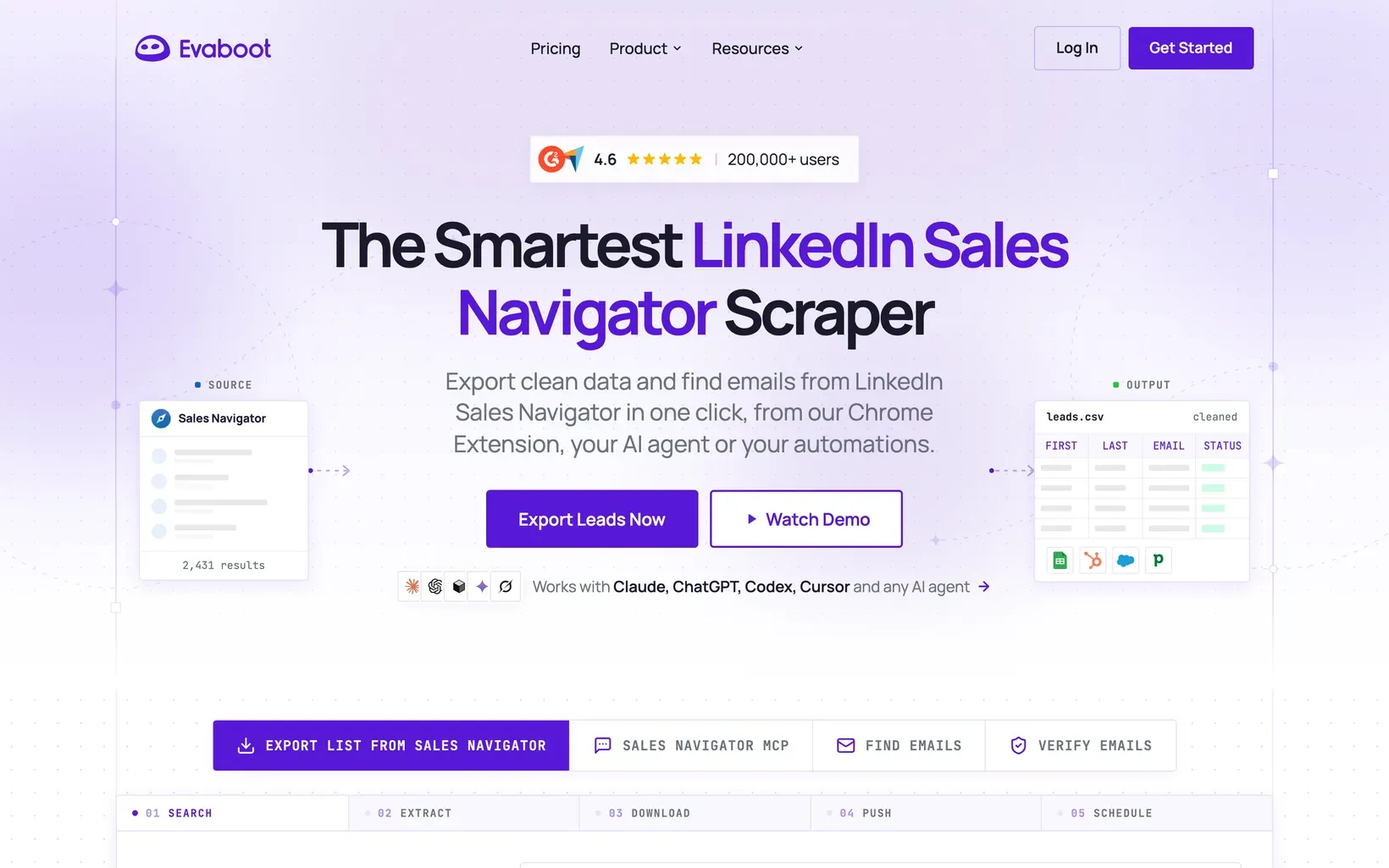 Page d’accueil d’Evaboot, outil d’export de recherches Sales Navigator