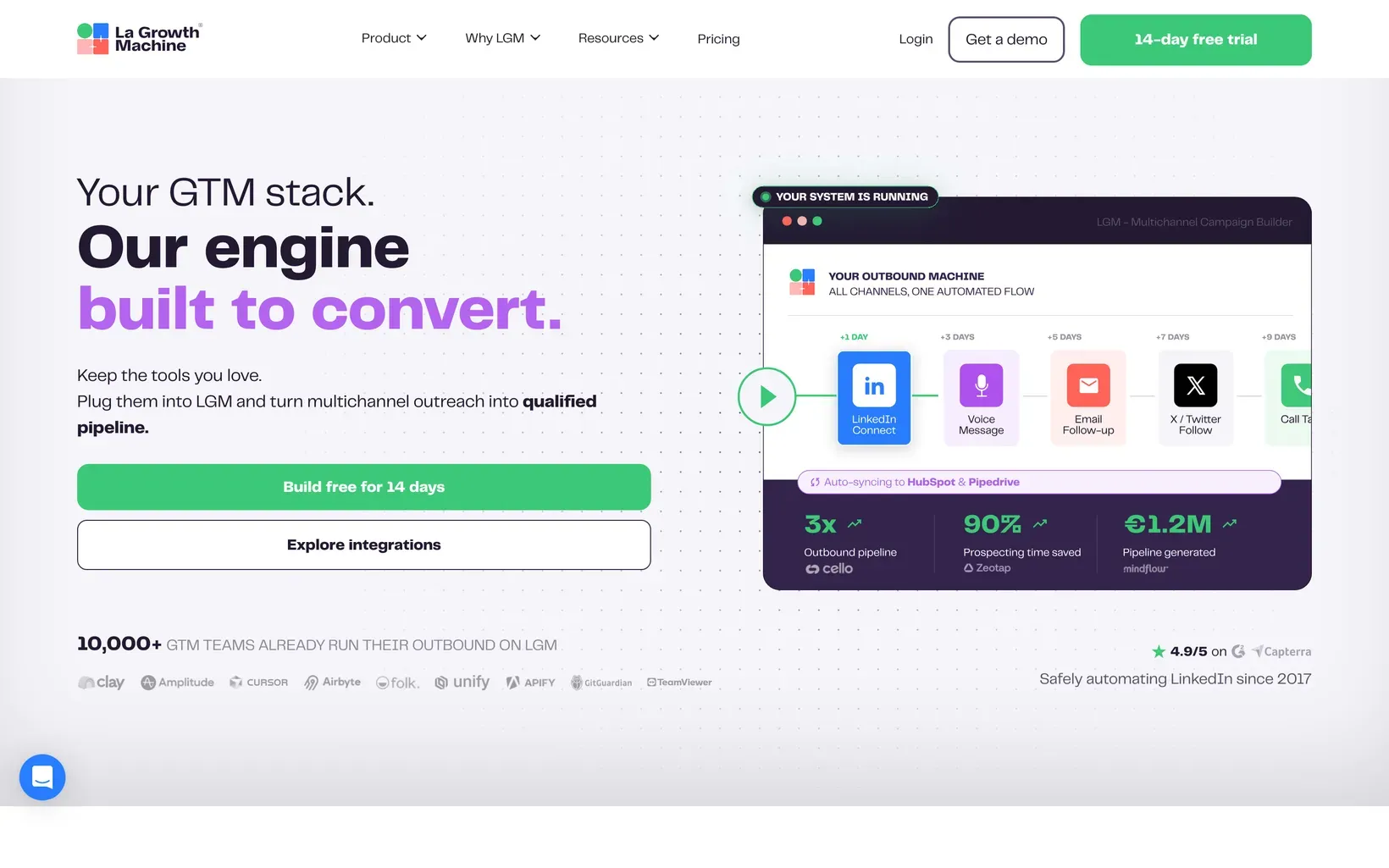 Page d’accueil de La Growth Machine montrant une séquence LinkedIn, message vocal, email et X