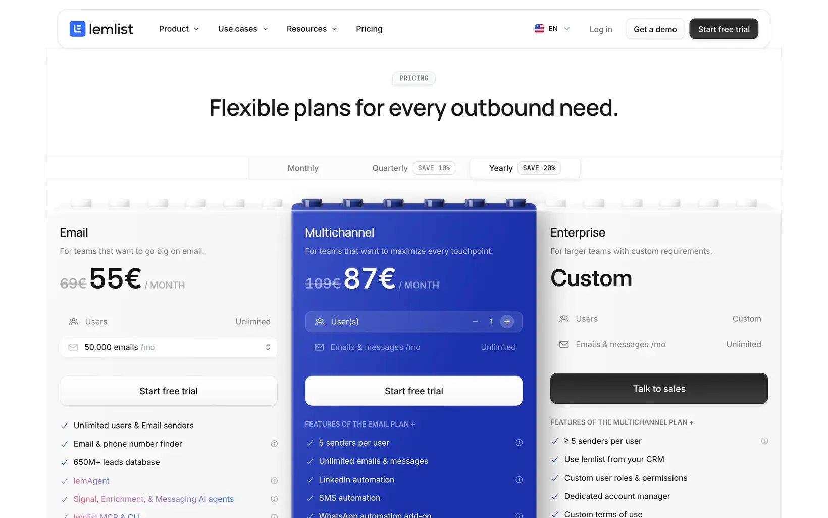 Page tarifs de lemlist en facturation annuelle : Email à 55 €, Multichannel à 87 € par mois, Enterprise sur devis