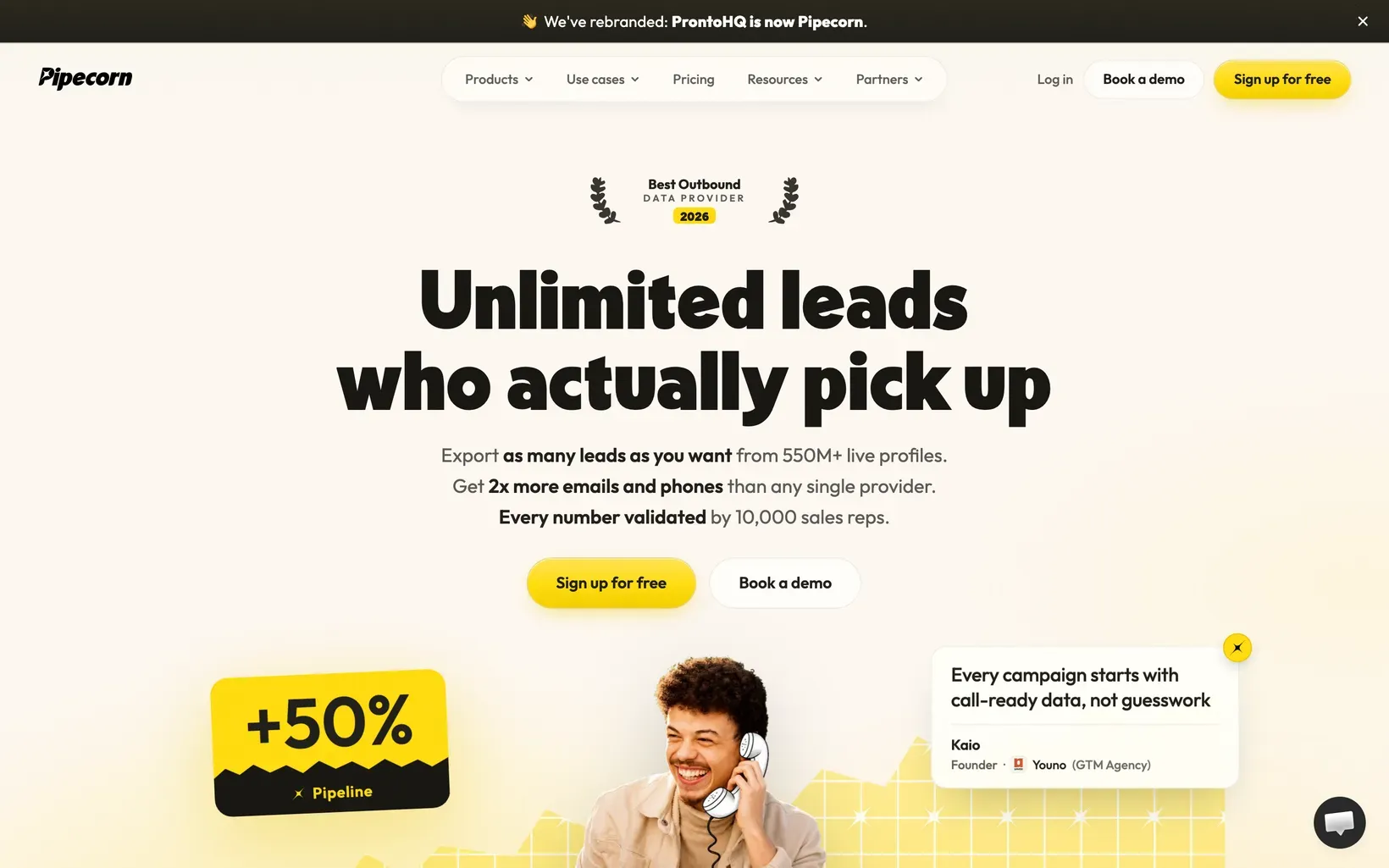 Page d’accueil de Pipecorn, ex-ProntoHQ, sur l’extraction de leads avec emails et téléphones