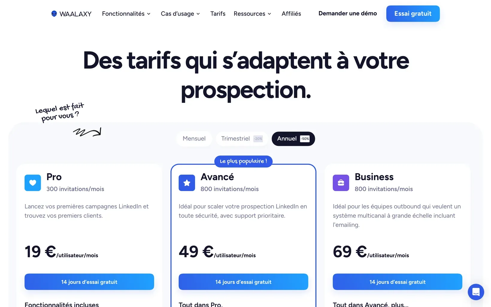 Page tarifs de Waalaxy en facturation annuelle : Pro à 19 €, Avancé à 49 €, Business à 69 € par utilisateur et par mois