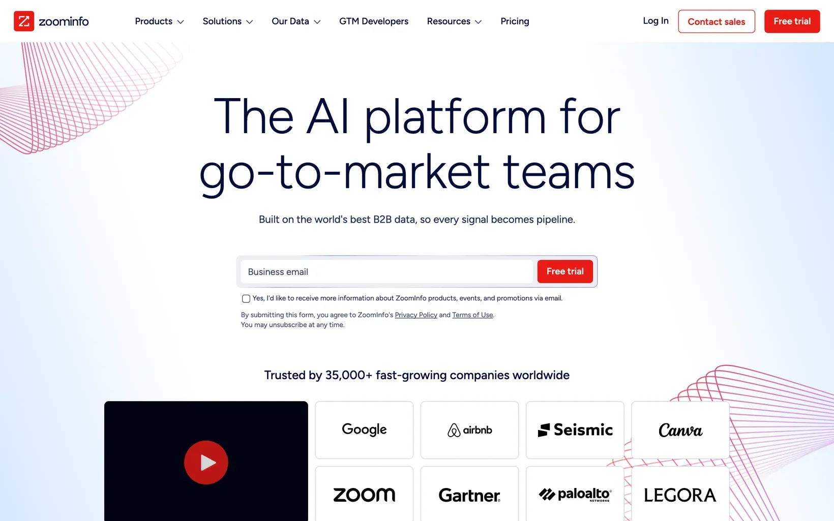 Page d’accueil de ZoomInfo, plateforme de données et de vente B2B